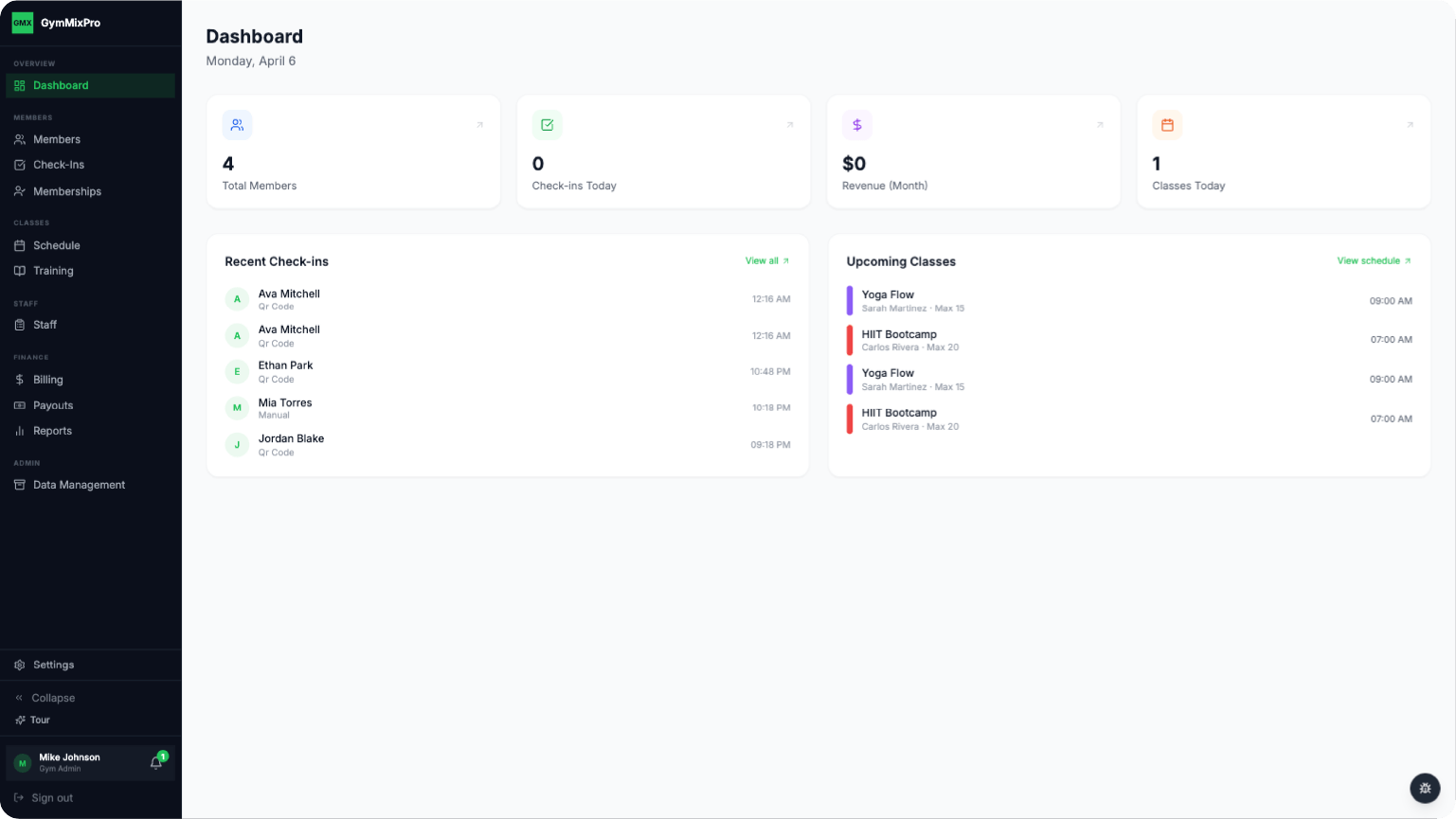 GymMixPro dashboard showing member list, class schedule, and analytics